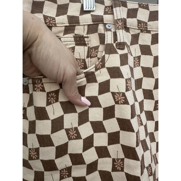 Madewell Brown Checker Daisy Print Mini Denim Skirt 70s Retro Vintage Sz 32 NWT - Picture 5 of 11